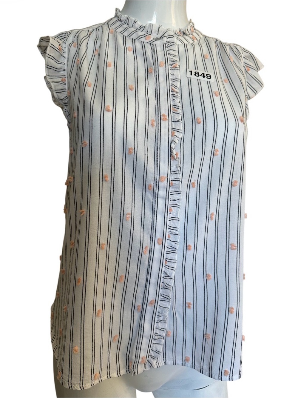 LOFT White Striped Ruffle Sleeveless Blouse Peach Dot Embroidery Women’s XSP